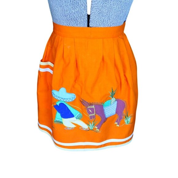 Vintage Apron Appliqued Mexican Farmer & Donkey Orange - Picture 1 of 4